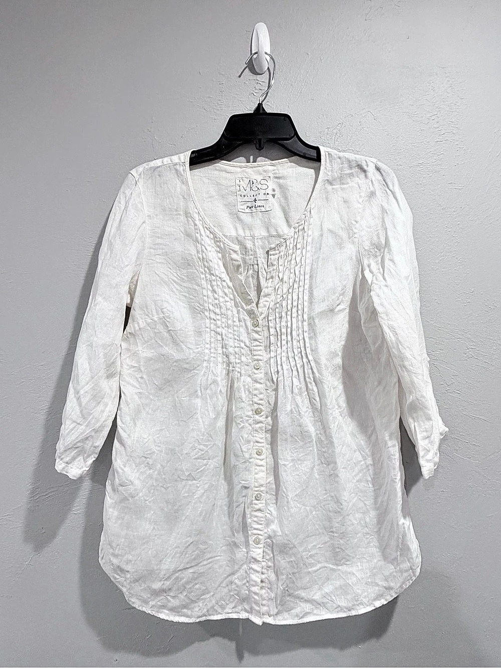 M&S Collection Pure Linen White Pintuck Button Front Blouse Top US 8